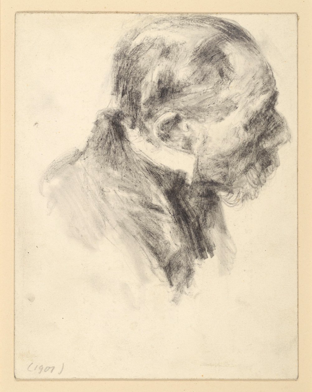 Busteportret van een bebaarde oudere man met staande kraag, voorovergebogen, naar rechts gericht door Adolph Menzel
