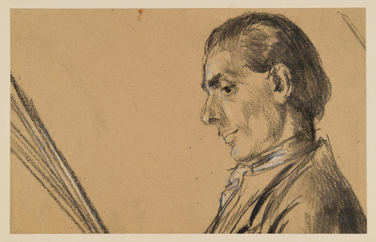 Borstbeeld van een jonge man met neergeslagen blik. Profiel naar links. Voorstudie voor het schilderij „Het fluitconcert van Frederik de Grote in Sanssouci“ door Adolph Menzel