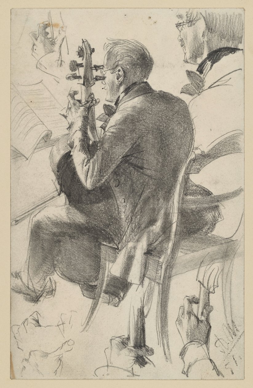 Cellist naar links, half van achteren gezien. Hoofd- en handstudies. Voorstudie voor het schilderij "Fluitconcert van Frederik de Grote in Sanssouci" door Adolph Menzel