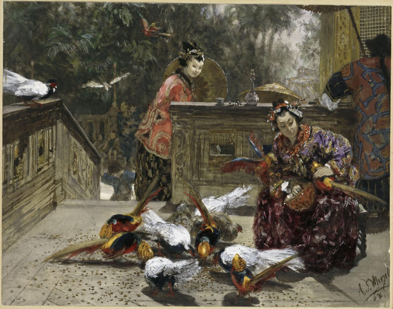 Chinese vrouwen met fazanten. Uit het "Kinderalbum" door Adolph Menzel