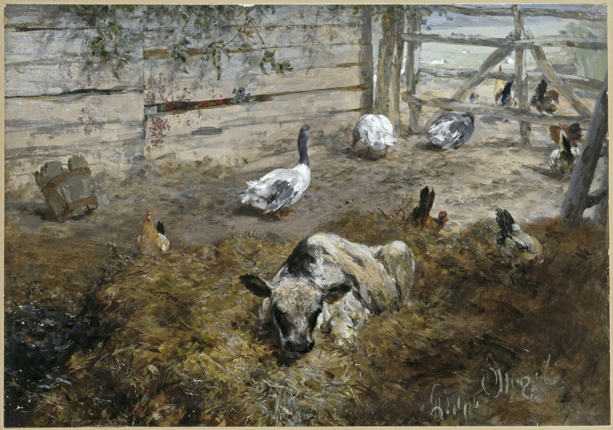 Het kalf met kippen en ganzen. Uit het „Kinderalbum“ door Adolph Menzel