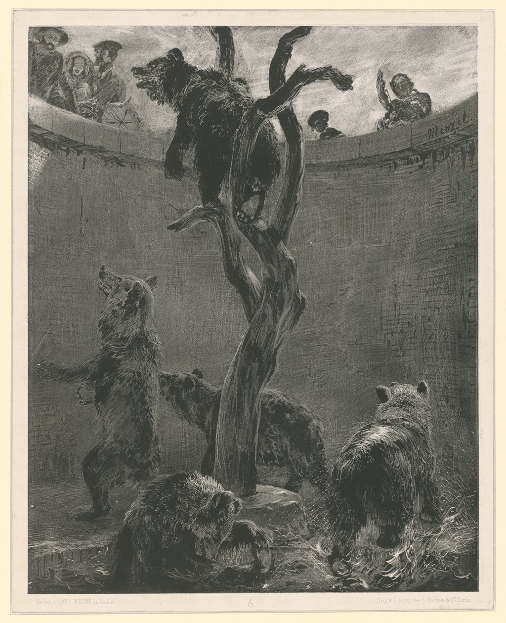 De berenkooi in de dierentuin. Blad 6 uit: Experimenten met penseel en schraapijzer, deel 1 door Adolph Menzel