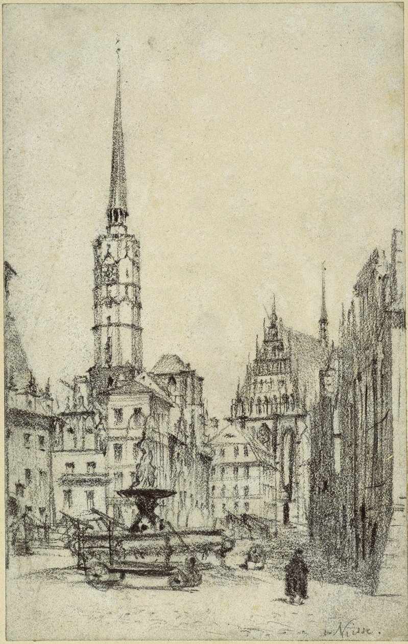 Het marktplein in Neisse door Adolph Menzel