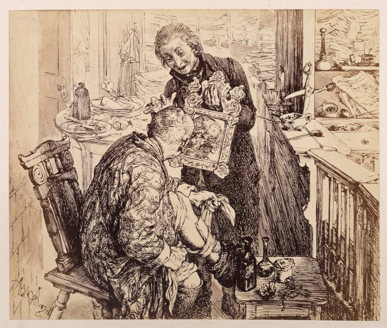 De schrijver Licht treft dorpsrechter Adam aan terwijl hij zijn been verbindt. Adam bekijkt zijn gehavende gezicht in de spiegel die Licht hem voorhoudt, naar Heinrich von Kleist, „De gebroken kruik“ door Adolph Menzel