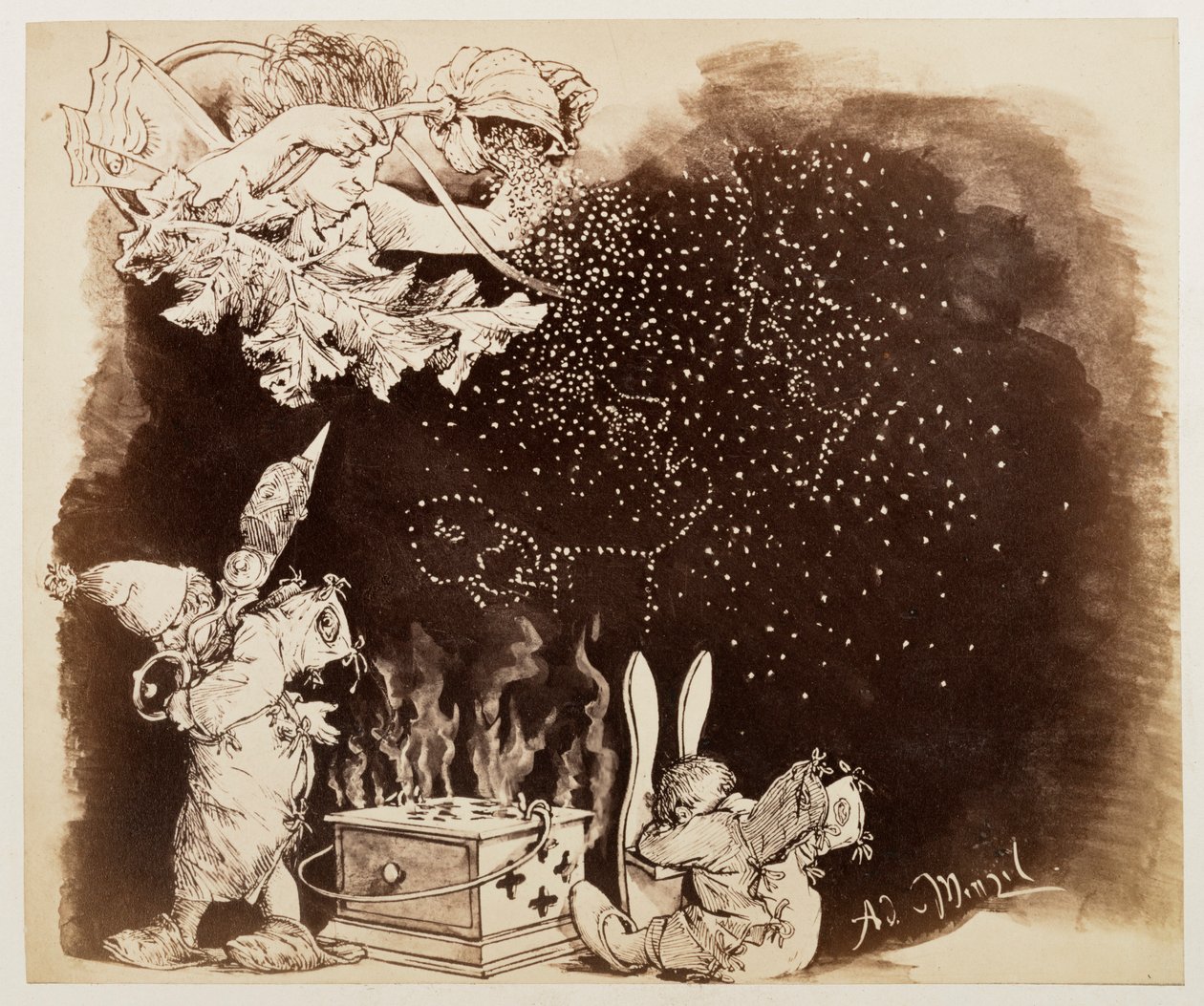 De droomgod strooit papaverzaadjes uit, naar Heinrich von Kleist, „De gebroken kruik“ door Adolph Menzel