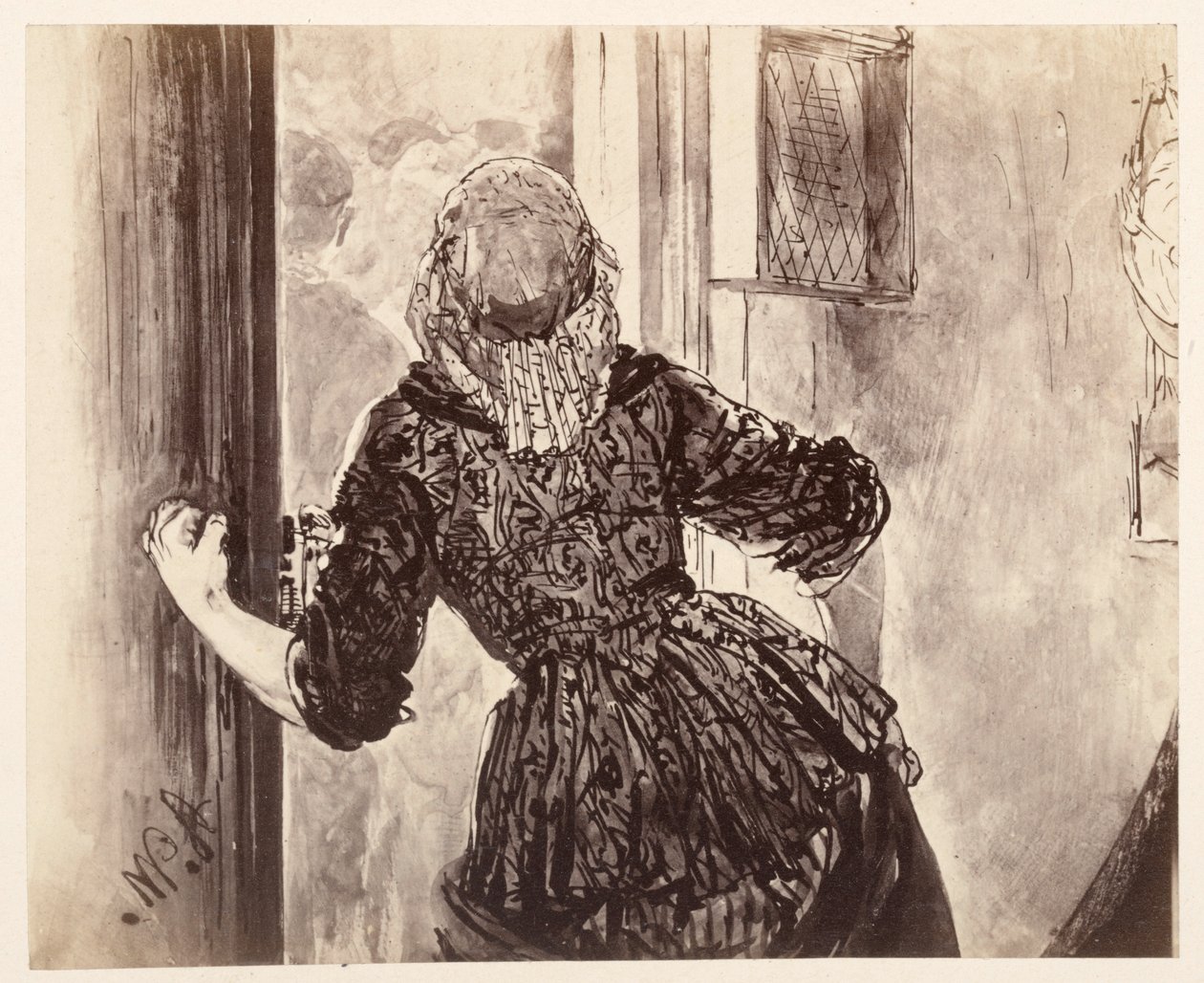 De dienstmeid komt aangelopen als Adam belt; gezien vanaf de achterkant, de deur, haar rechterhand aan de deurklink, naar Heinrich von Kleist, „De gebroken kruik“ door Adolph Menzel