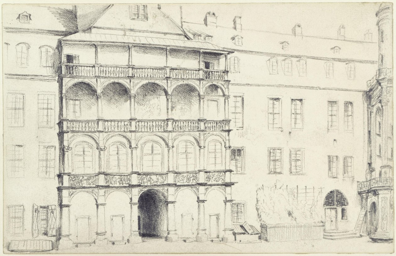 De noordzijde van de grote kasteelhof in Dresden door Adolph Menzel