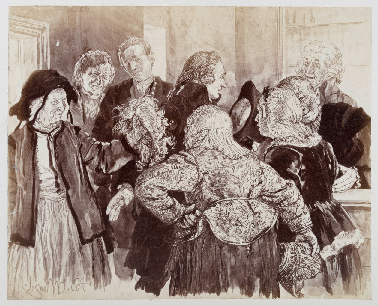 De oude Brigitte met de pruik in de rechtszaal. Licht dringt zich, met de hoed in de hand, tussen de partijen door om de oude vrouw aan de gerechtsraad voor te stellen, bij "De gebroken kruik" van Heinrich von Kleist door Adolph Menzel
