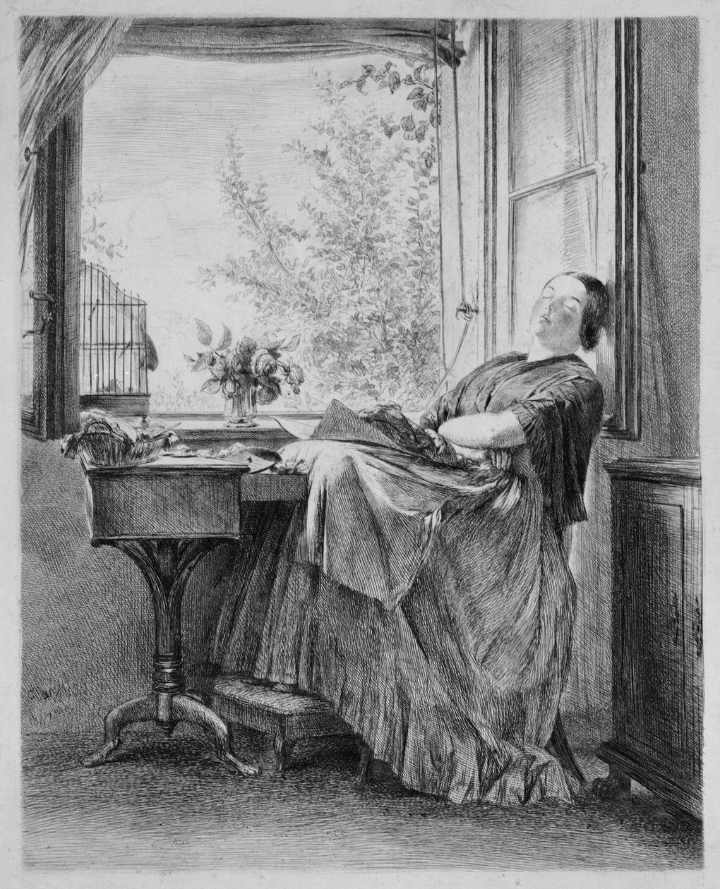 De slapende naaister bij het raam (Menzels zus Emilie) door Adolph Menzel