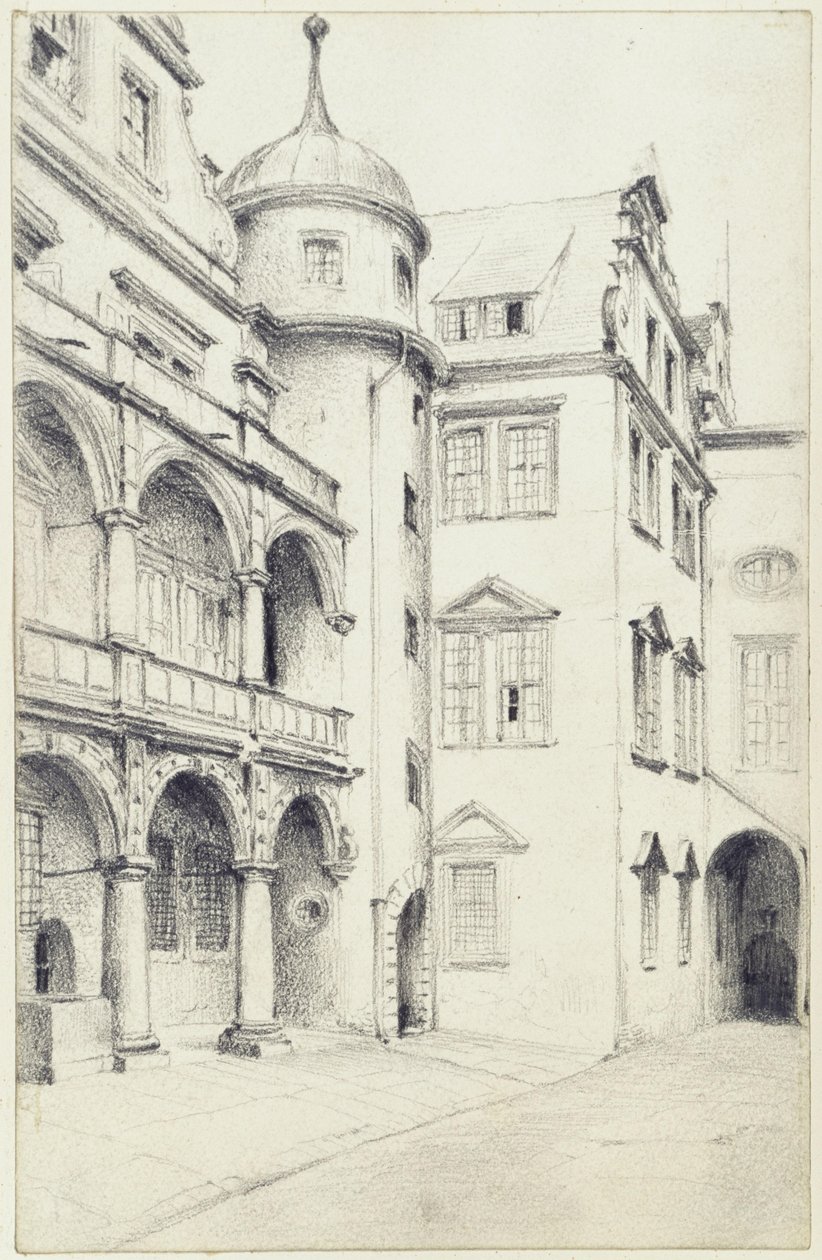 De zuidwestelijke hoek van de Kleine Schlosshof in Dresden door Adolph Menzel