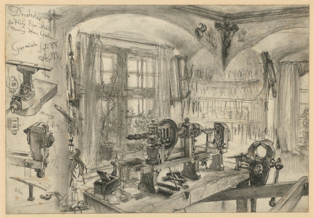 Draaiwerkplaats in Garmisch, met details door Adolph Menzel