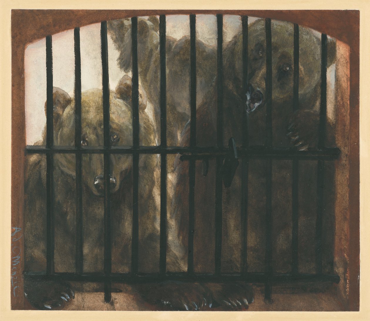 Drie beren in een kooi. Uit het „Kinderalbum“ door Adolph Menzel