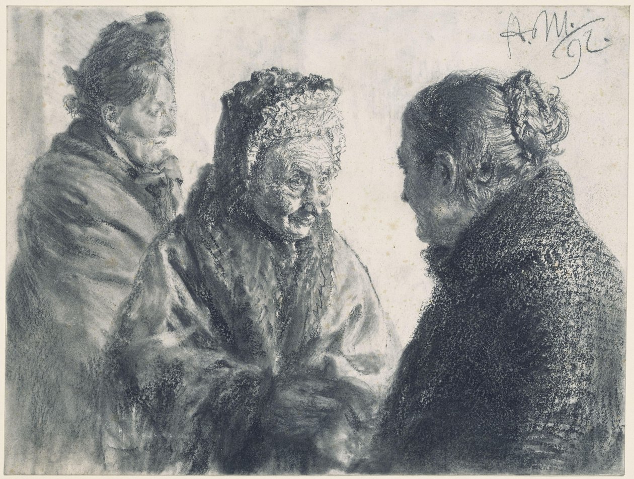 Drie vrouwen, gehuld in doeken door Adolph Menzel