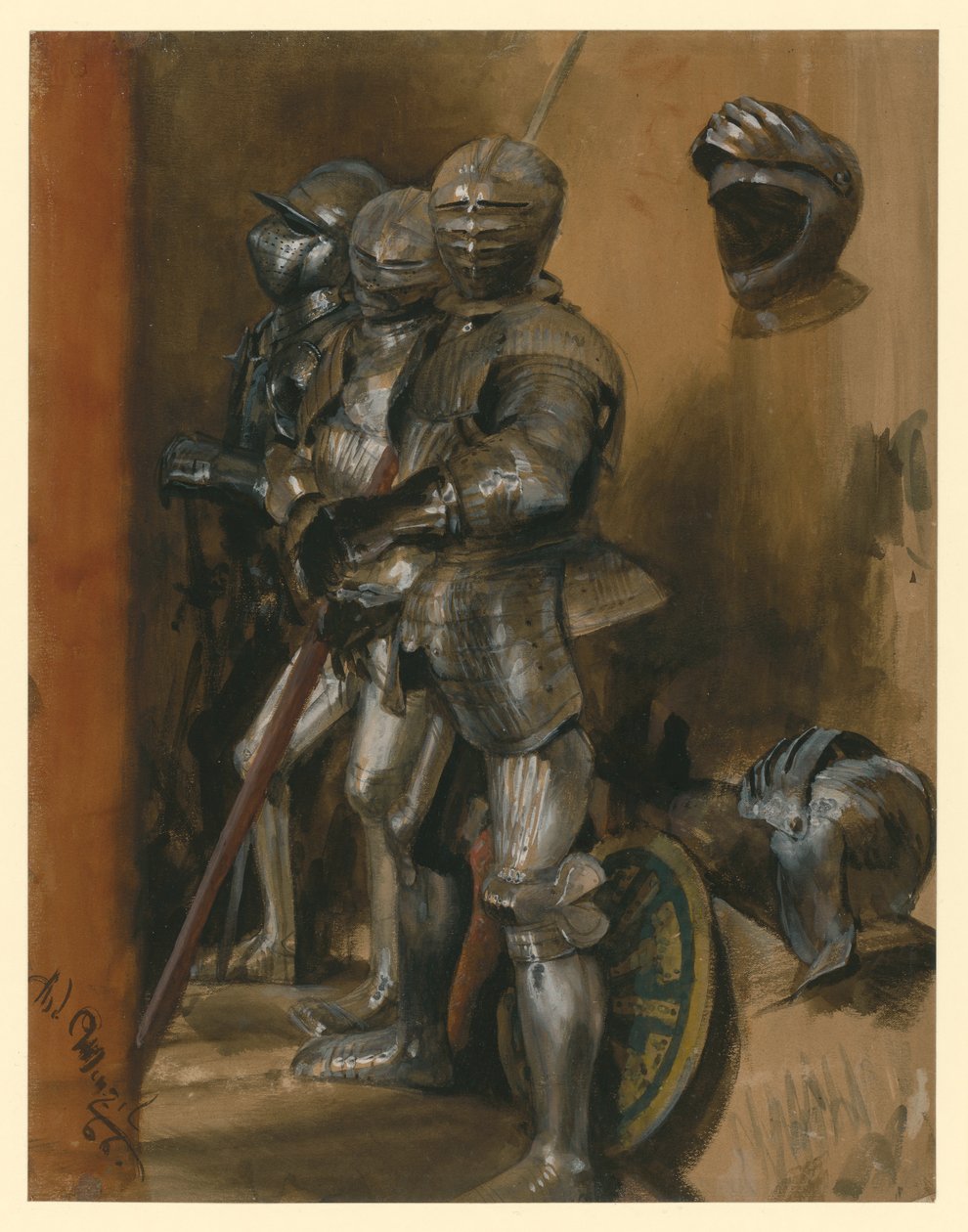 Drie harnassen en twee helmen door Adolph Menzel