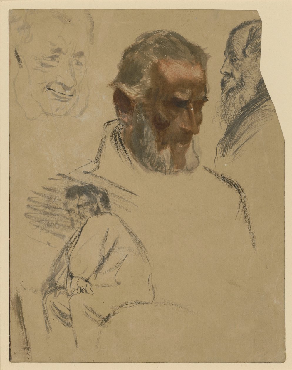 Drie studies van bebaarde hoofden en een kniestuk van een zittende man naar links door Adolph Menzel