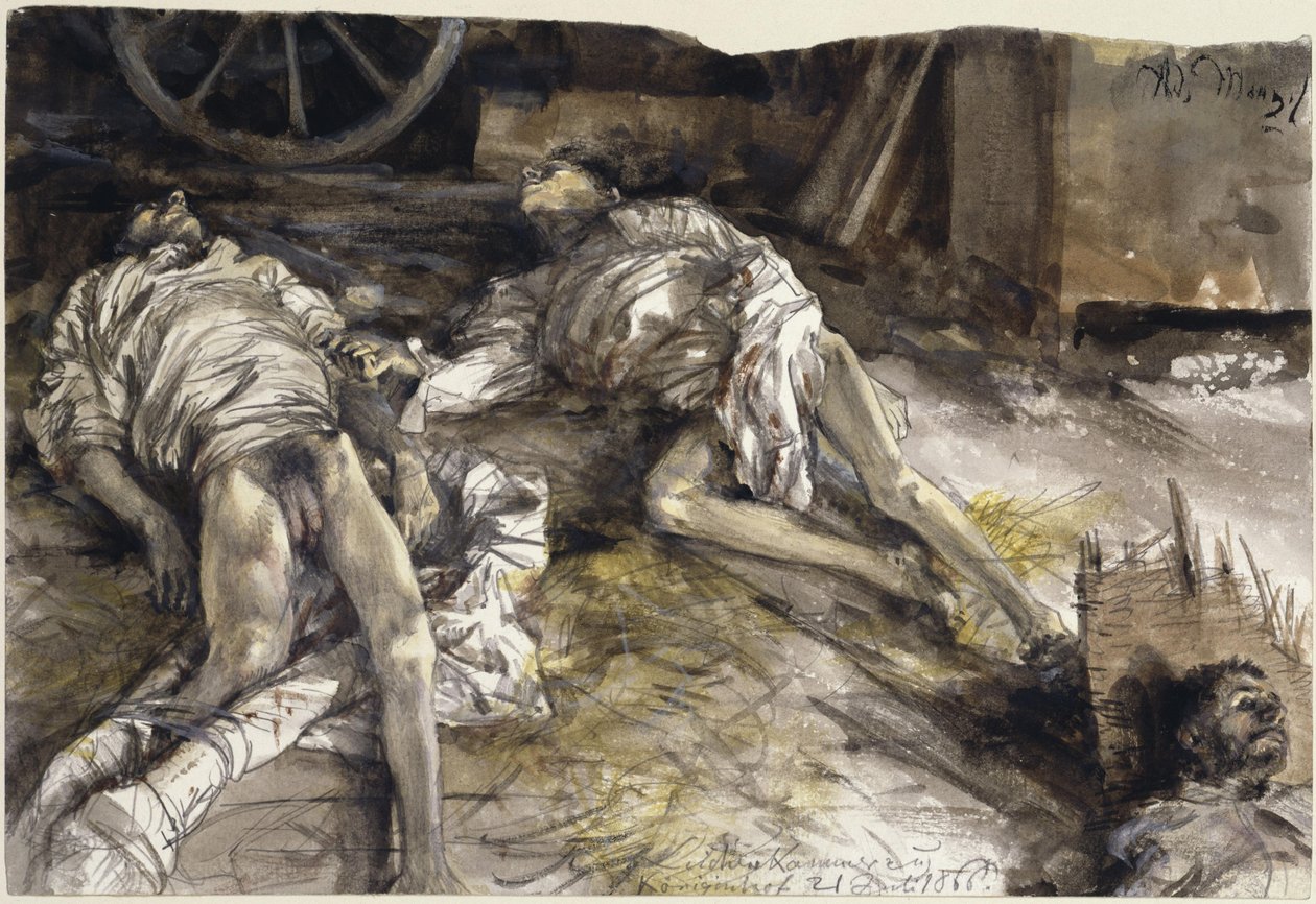Drie gesneuvelde soldaten in een schuur - lijkenkamer in Königinhof door Adolph Menzel