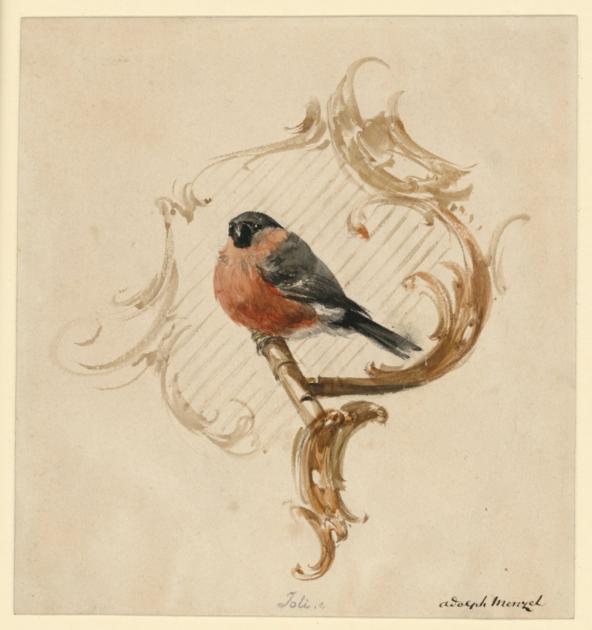 Een goudvink op een stok voor rocaille door Adolph Menzel