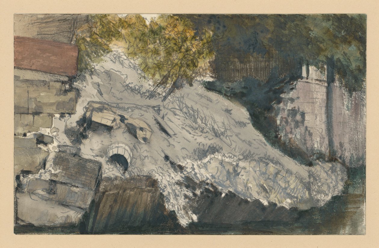 Ingestorte oever bij een waterloop door Adolph Menzel