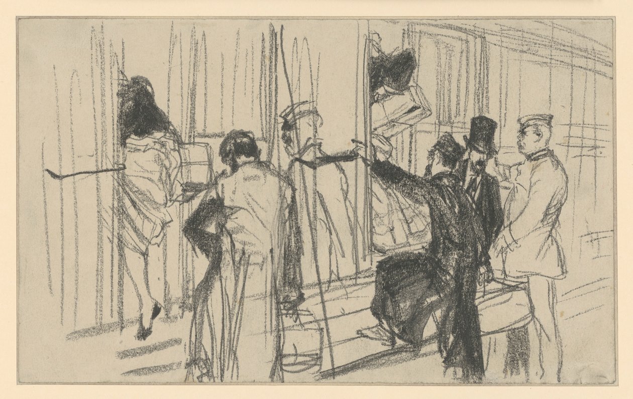 Instappende treinreizigers en conducteur. Perronscène door Adolph Menzel