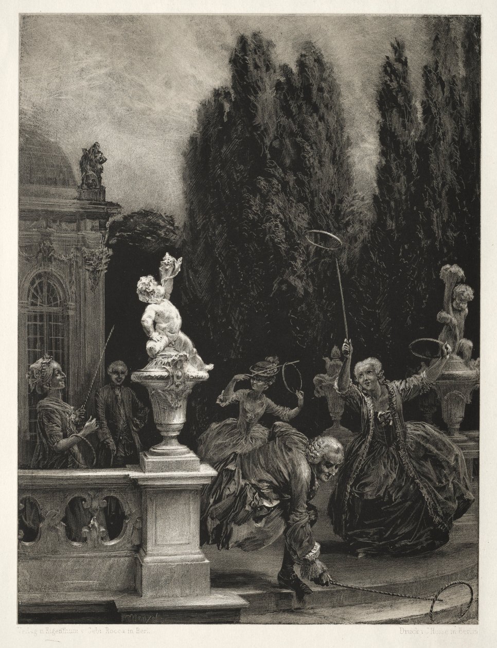 Essay on Stone with Brush and Scraper: Spelen met Hoepels op het Kasteelterras, 1851 door Adolph Menzel