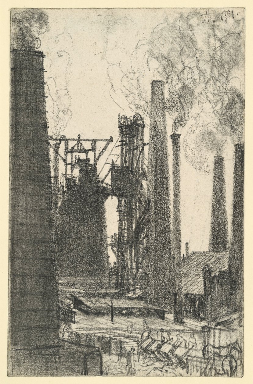 Fabrieksplein met rokende schoorstenen (Königshütte?) door Adolph Menzel
