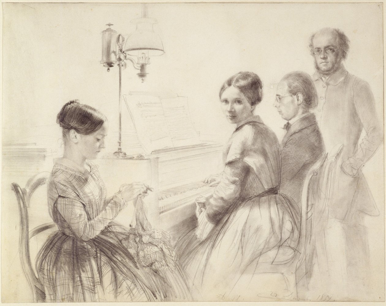 Familie bij de vleugel door Adolph Menzel