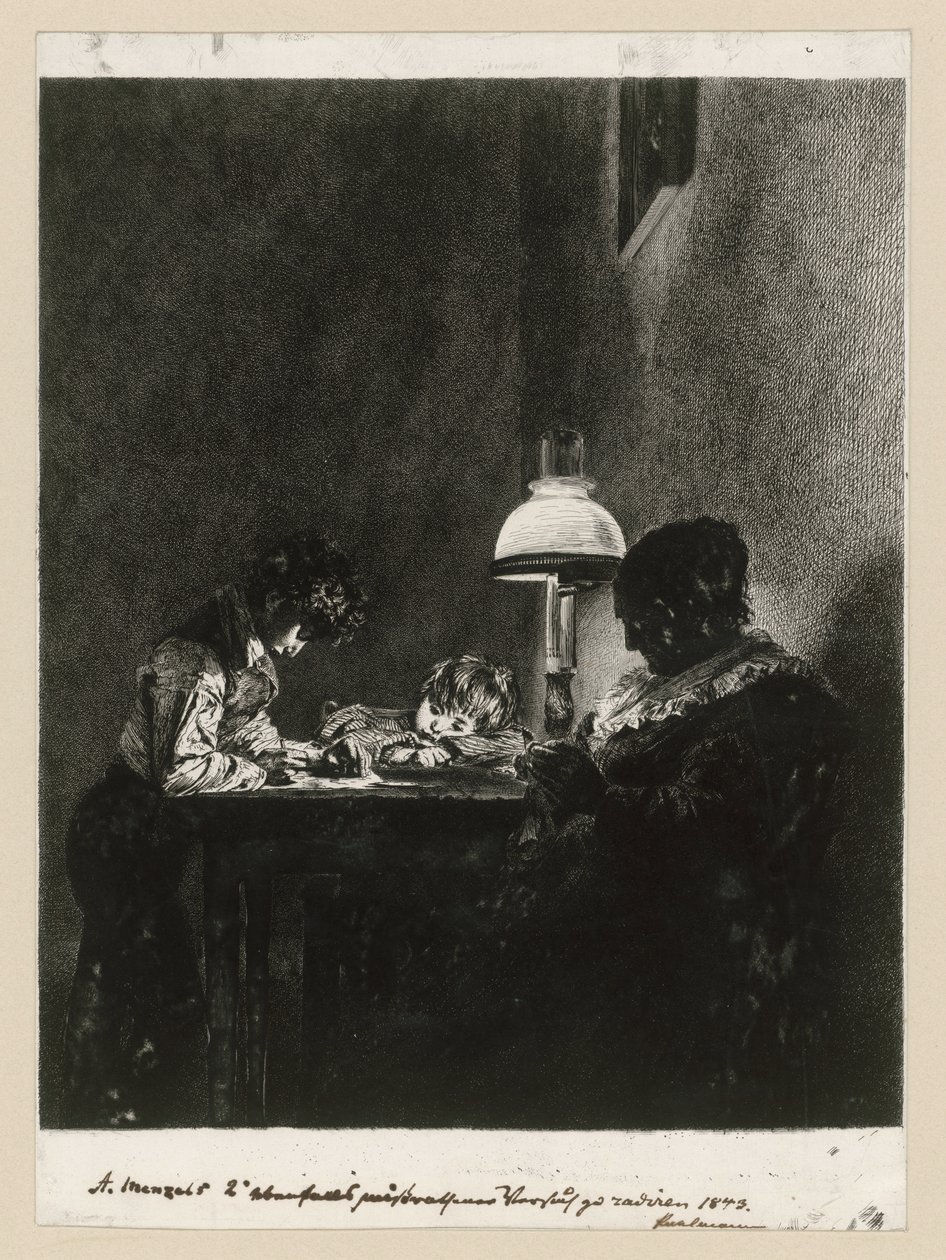 Familie bij de lamp door Adolph Menzel