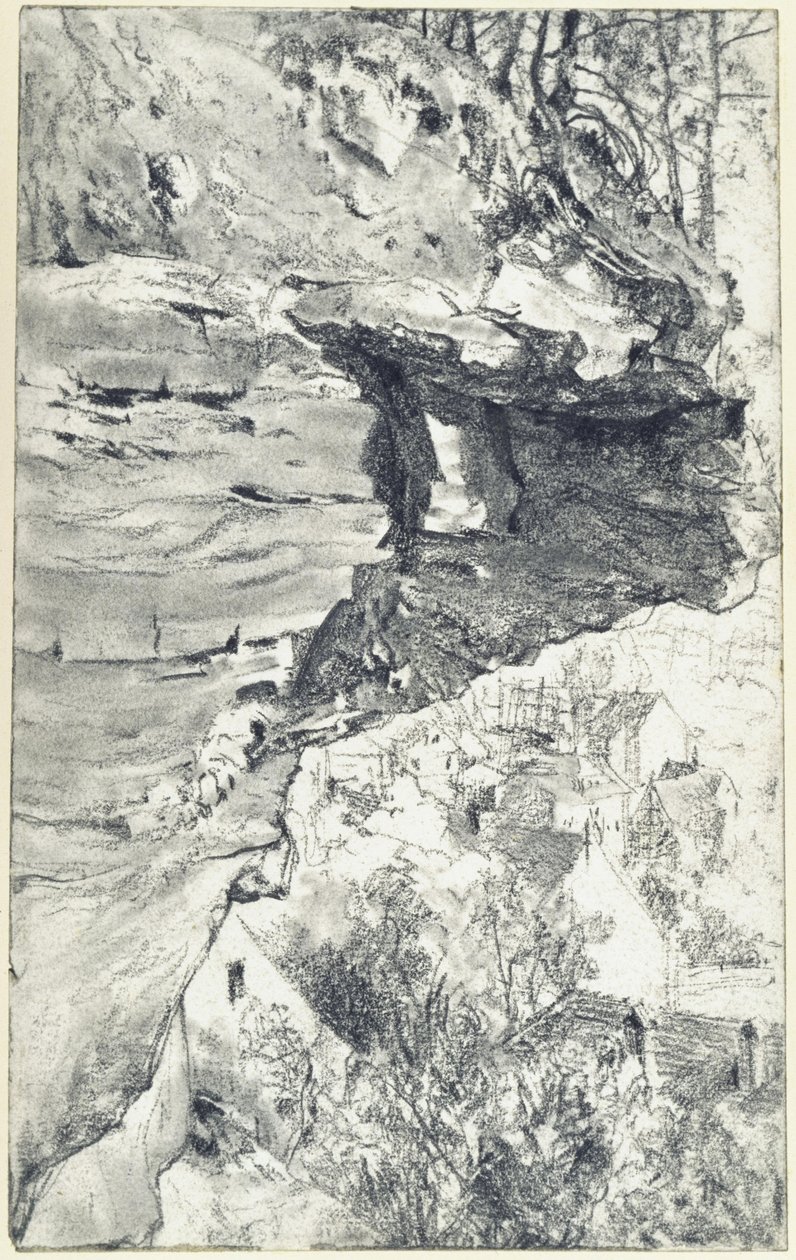 Rotsuitsteeksel met een dorp op de achtergrond (Saksisch Zwitserland) door Adolph Menzel