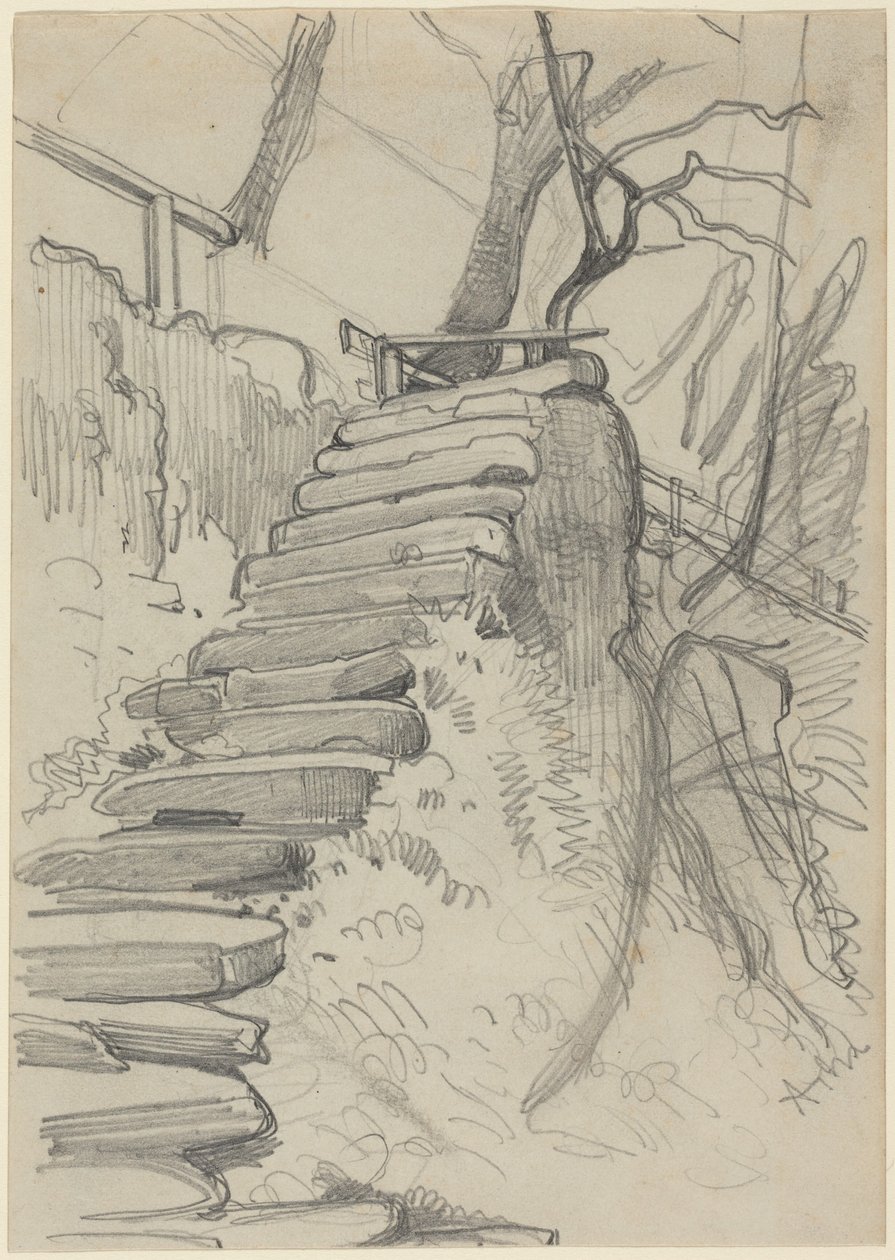 Een stenen trap in een tuin door Adolph Menzel