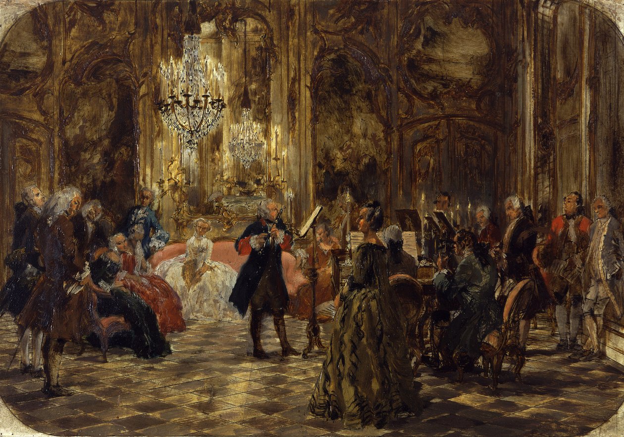 Fluitconcert van Frederik de Grote in Sanssouci. Schets door Adolph Menzel