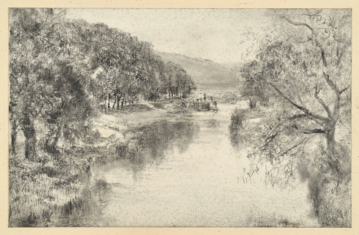 Rivierlandschap met laan door Adolph Menzel