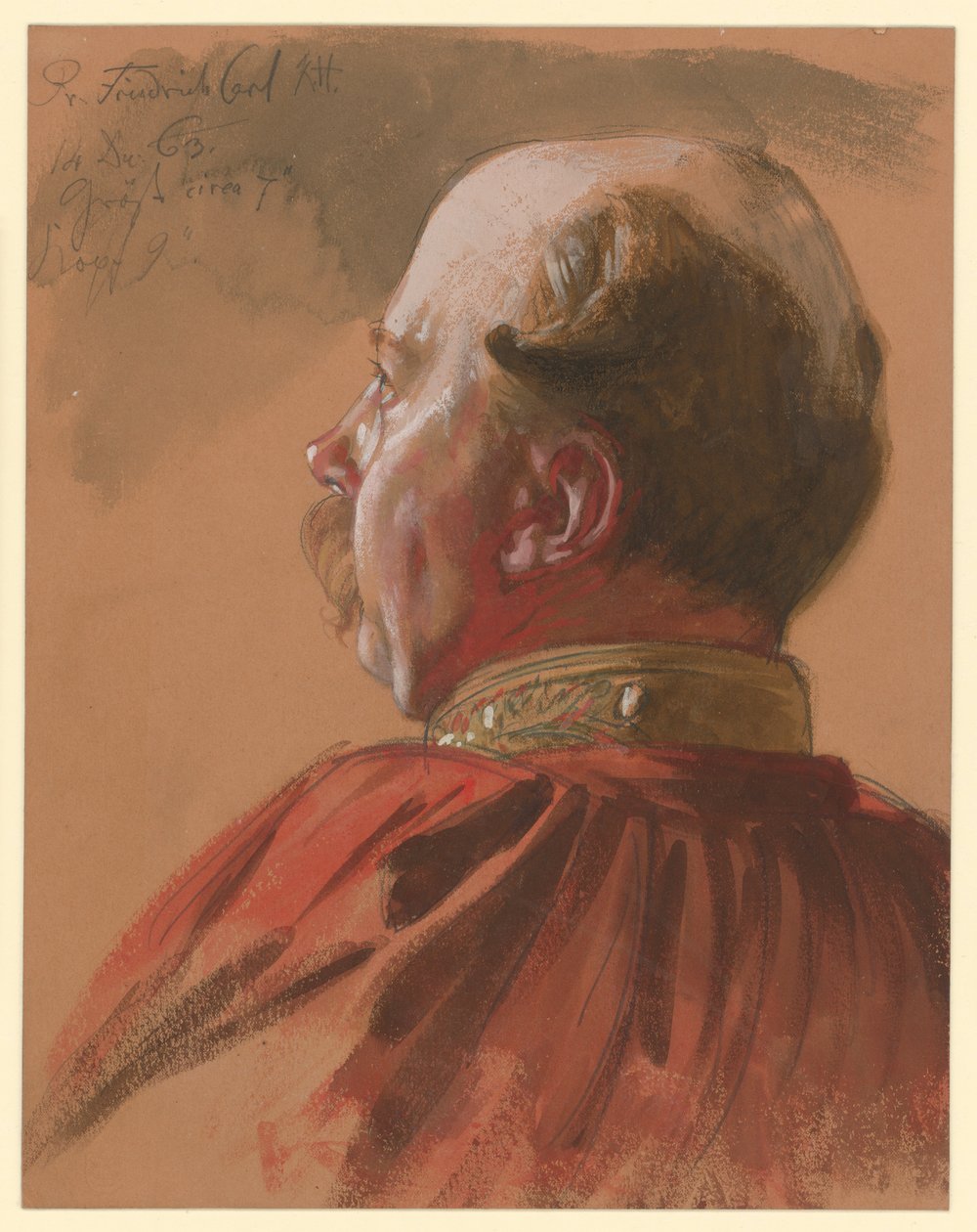 Prins Frederik Karel van Pruisen, gedeeltelijk afgesneden profiel naar links, portretstudie voor „De kroning van Wilhelm I in Königsberg” door Adolph Menzel