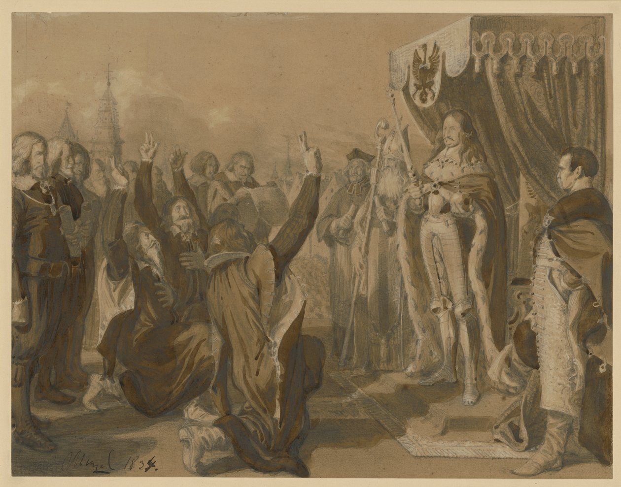 Frederik Willem, keurvorst van Brandenburg, ontvangt op 18 oktober 1663 in Königsberg de eerbetoon van de Pruisische landstanden. Ontwerp voor de „Memorabilia uit de Brandenburgs-Pruisische geschiedenis” door Adolph Menzel