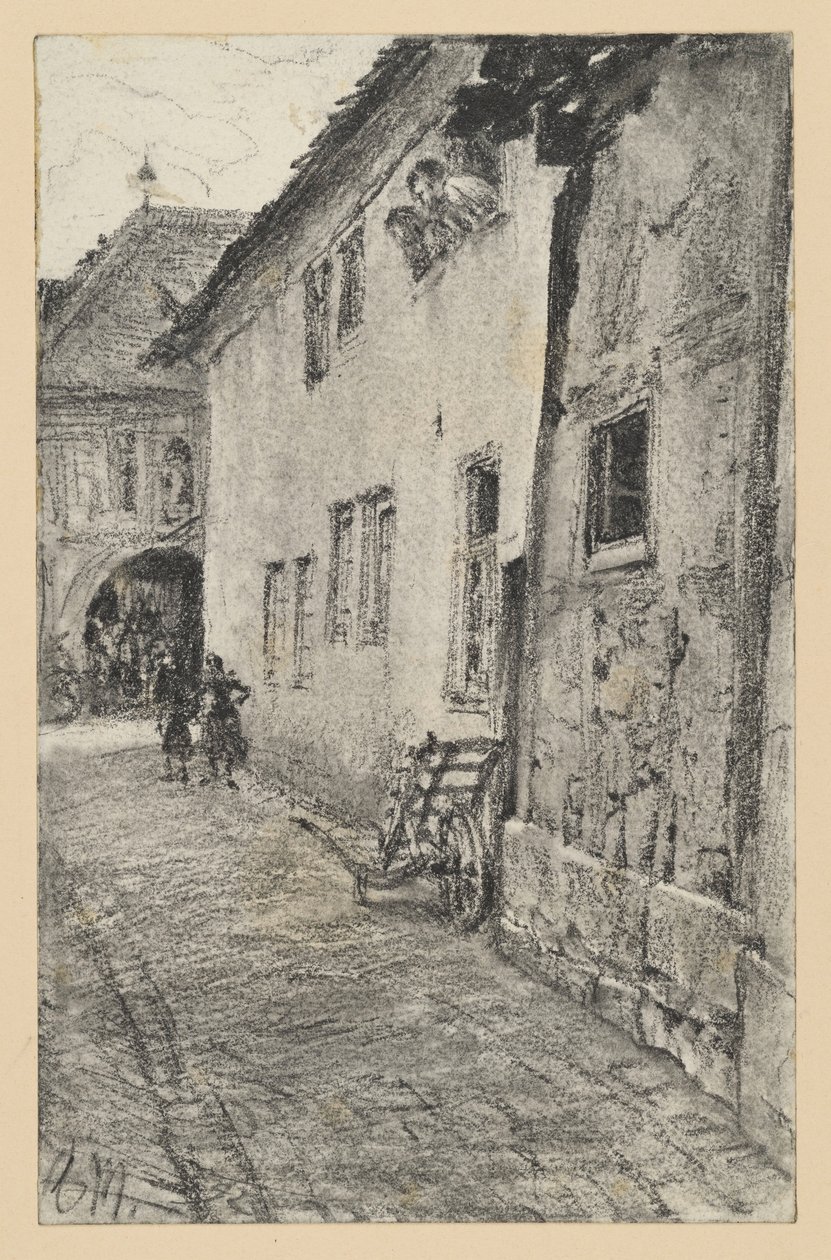 Steeg met zicht op een rondbogige doorgang door een huis door Adolph Menzel