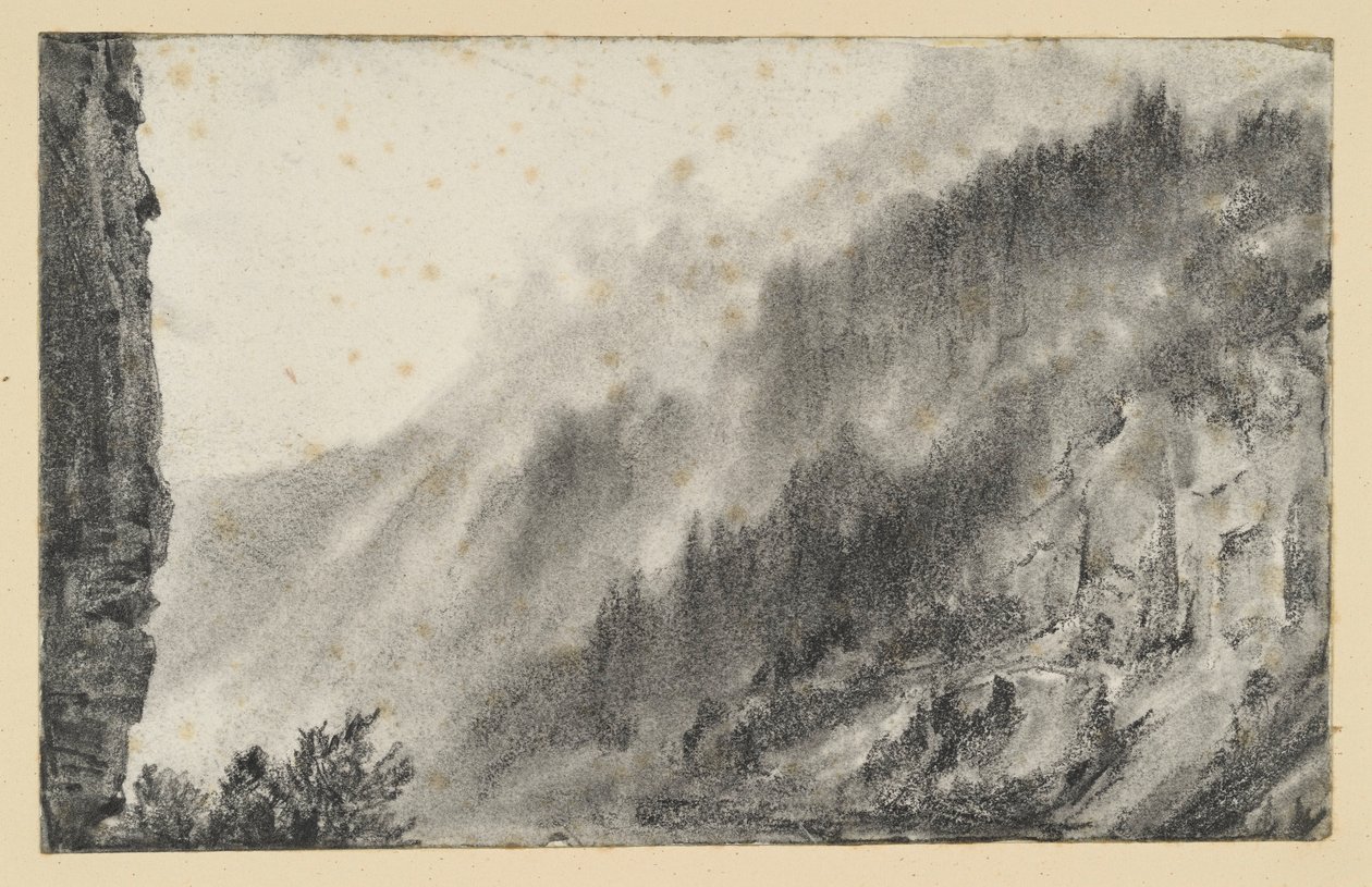 Berglandschap met golvende mist, links een torenhoge rotswand door Adolph Menzel