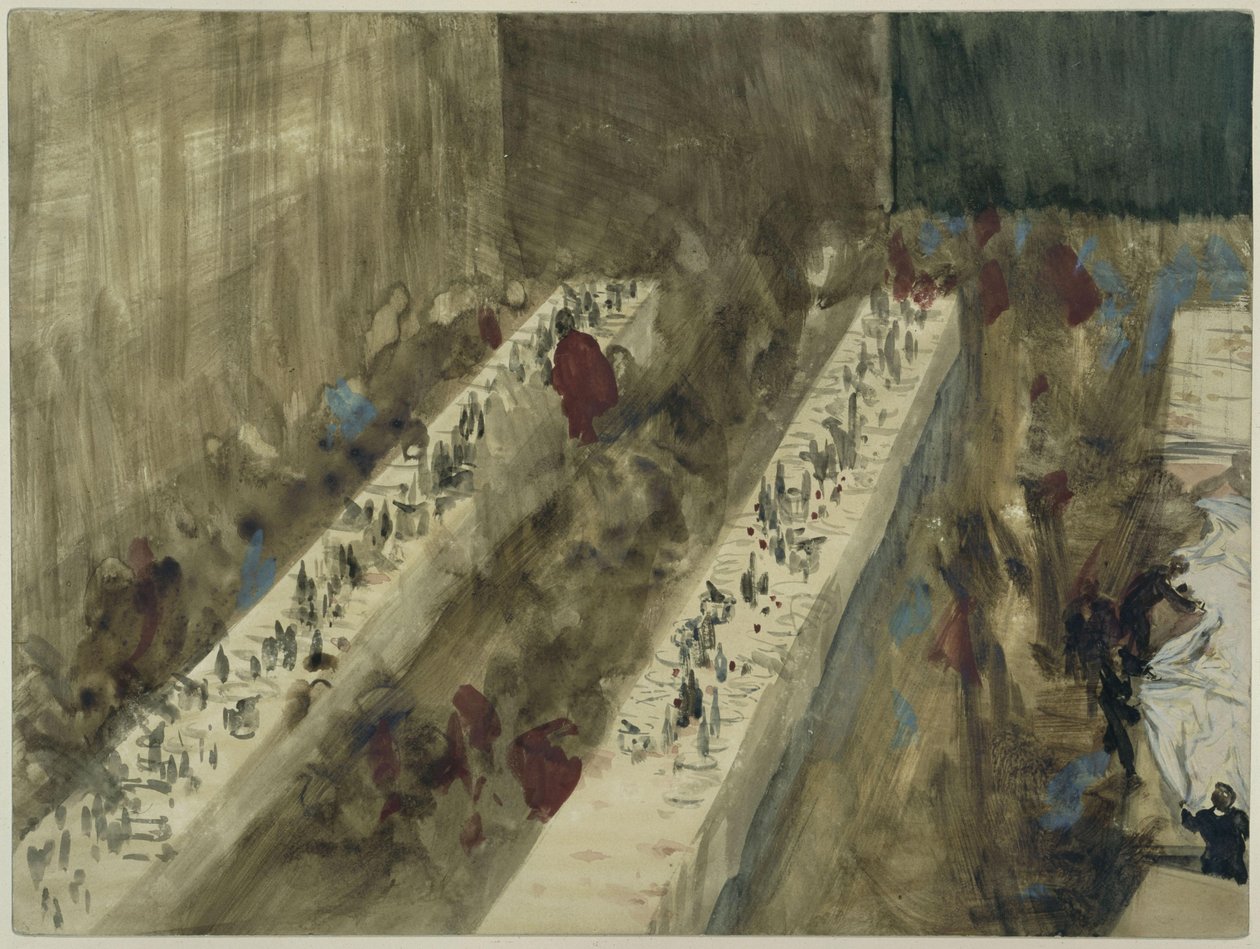 Gedekte tafels, van bovenaf gezien door Adolph Menzel