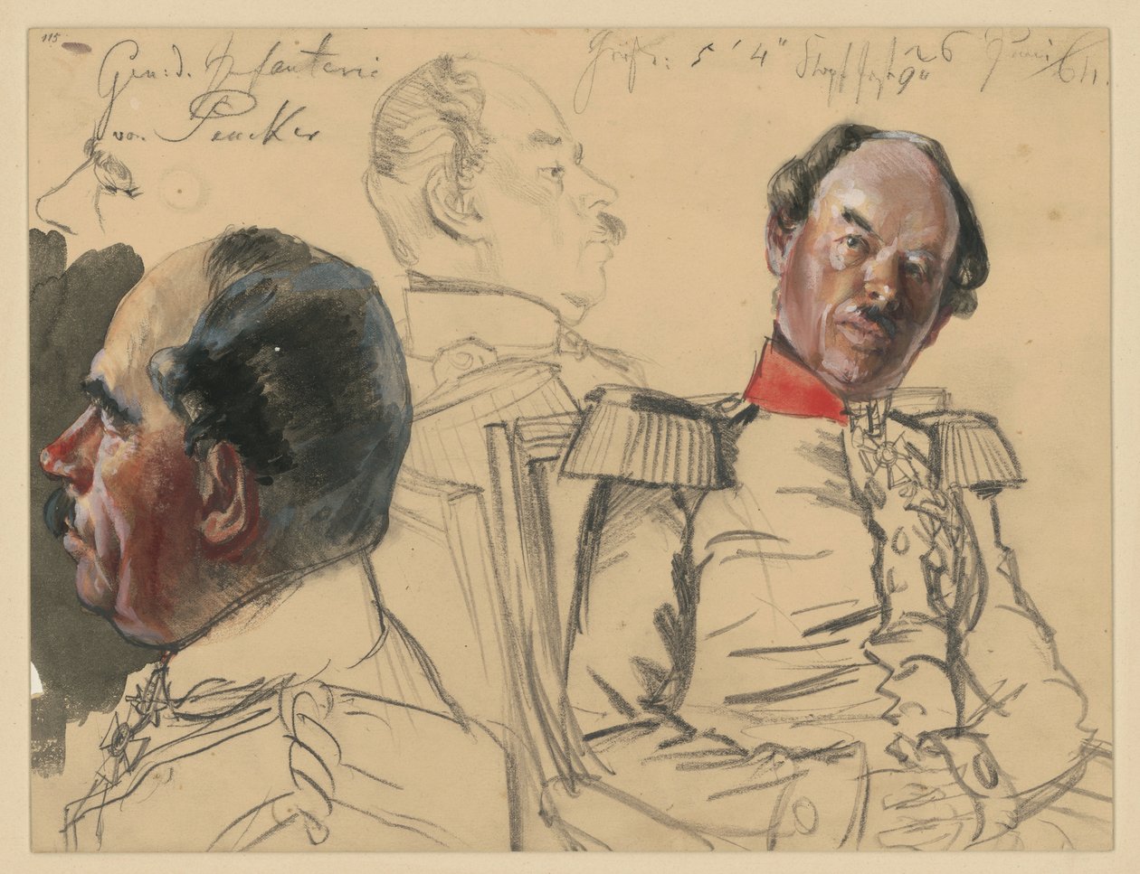 Generaal van de infanterie Eduard von Peucker, 1. Hoofdstudie, profiel naar links, 2. Borstbeeld iets naar rechts, blik naar links, daartussen een hoofdstudie, profiel naar rechts, schetsen voor „De kroning van Wilhelm I in Königsberg“ door Adolph Menzel