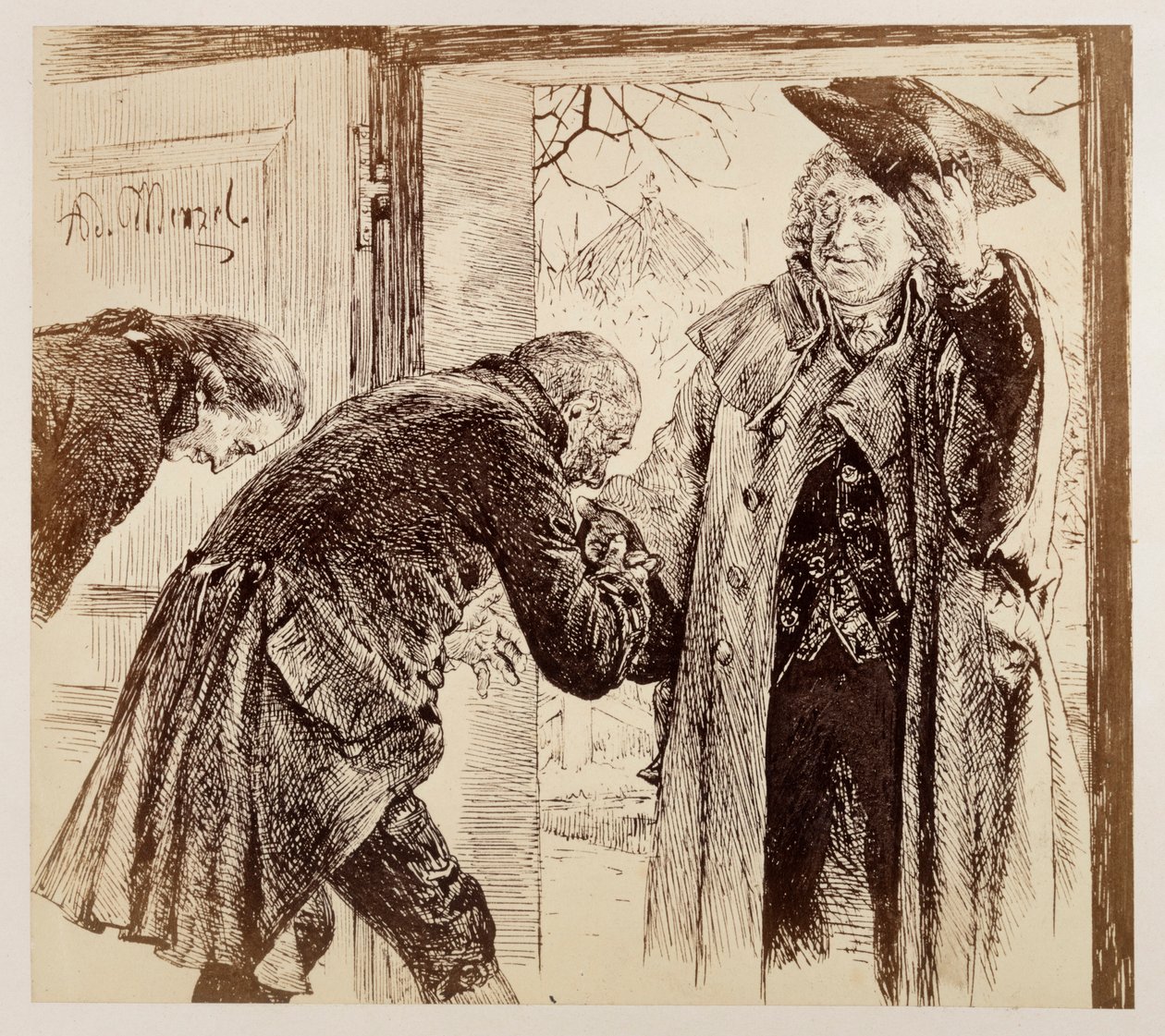 Rechter Walter komt, terwijl hij vriendelijk zijn hoed optilt, van rechts de kamer binnen; hij wordt onderdanig begroet door Adam en Licht, uit „De gebroken kruik“ van Heinrich von Kleist door Adolph Menzel