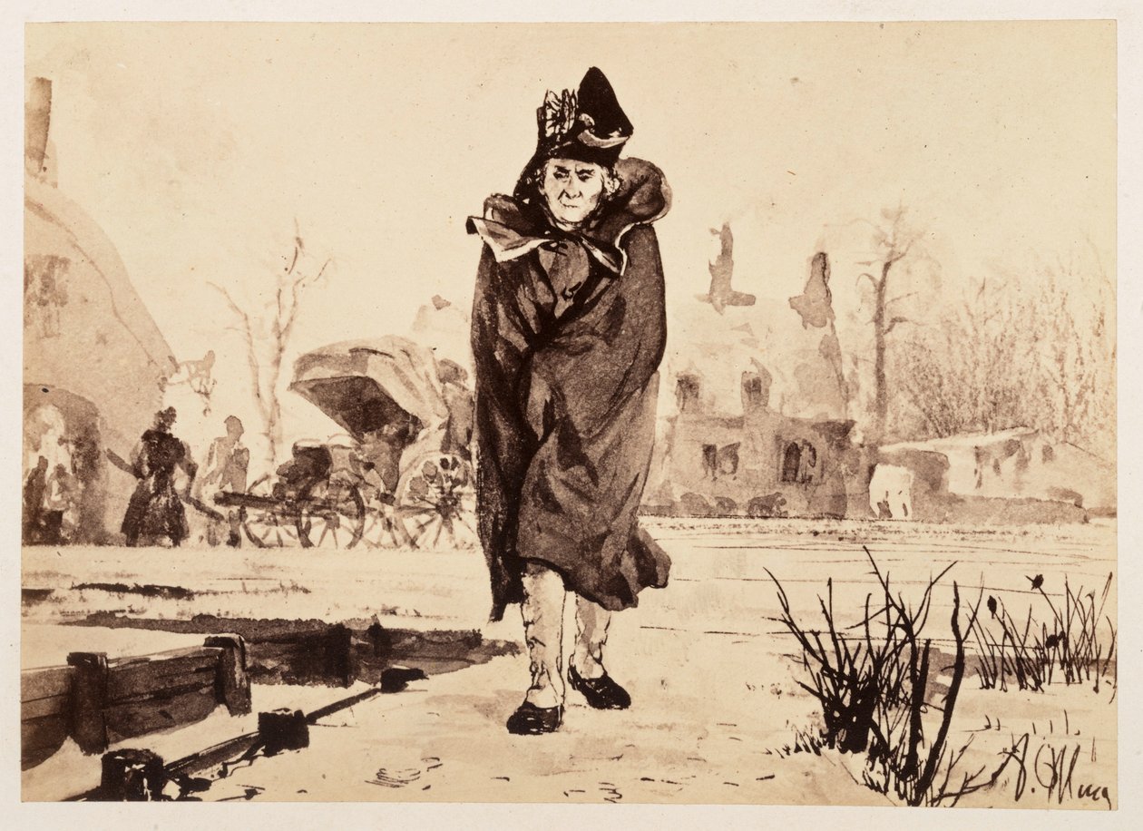 Raadsheer Walther komt, in zijn mantel gehuld, naar voren. Achter hem staat zijn uitgespannen reiswagen, bij „De gebroken kruik” van Heinrich von Kleist door Adolph Menzel