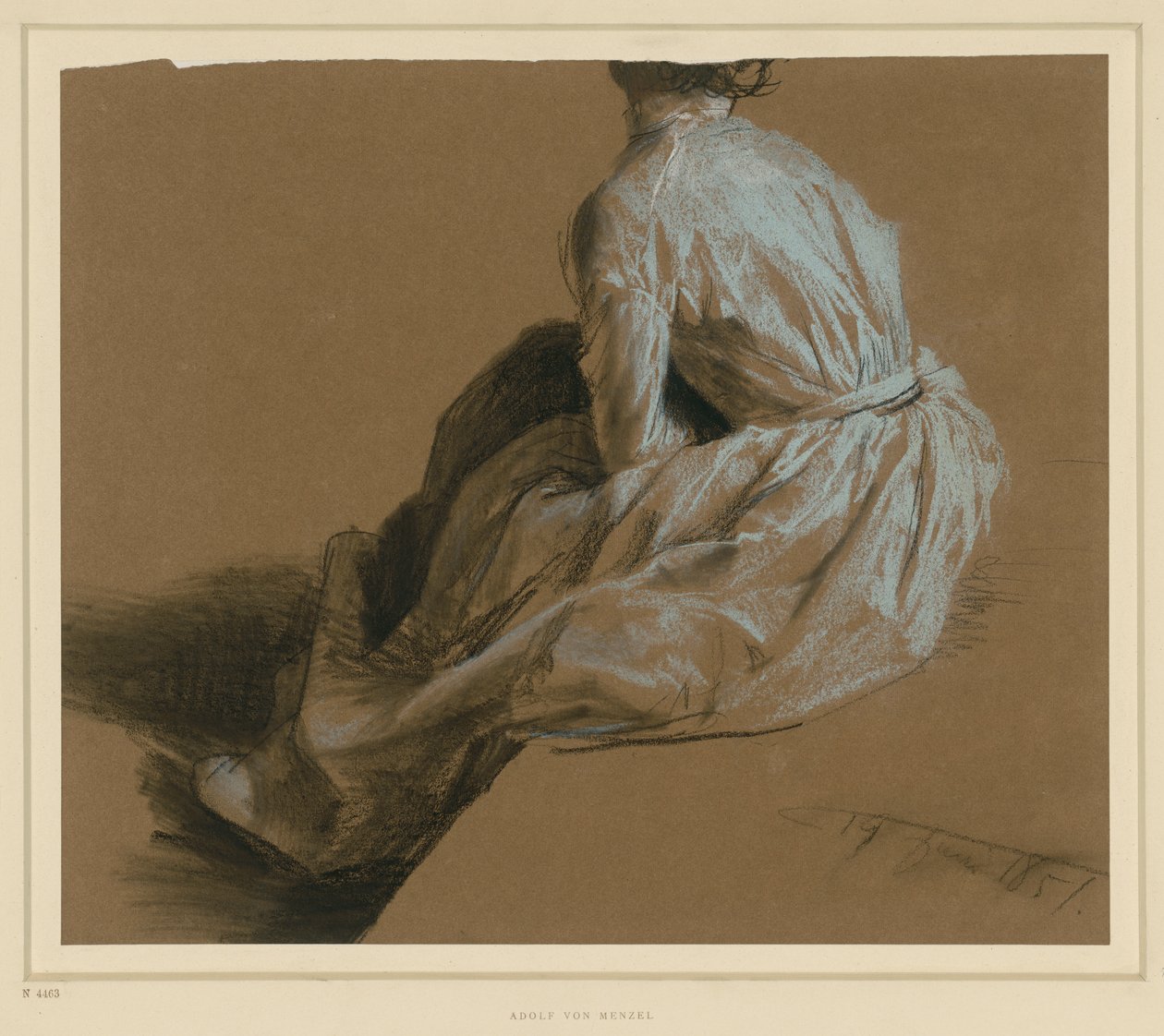 Kledingstudie van een zittende dame, gezien van achteren door Adolph Menzel