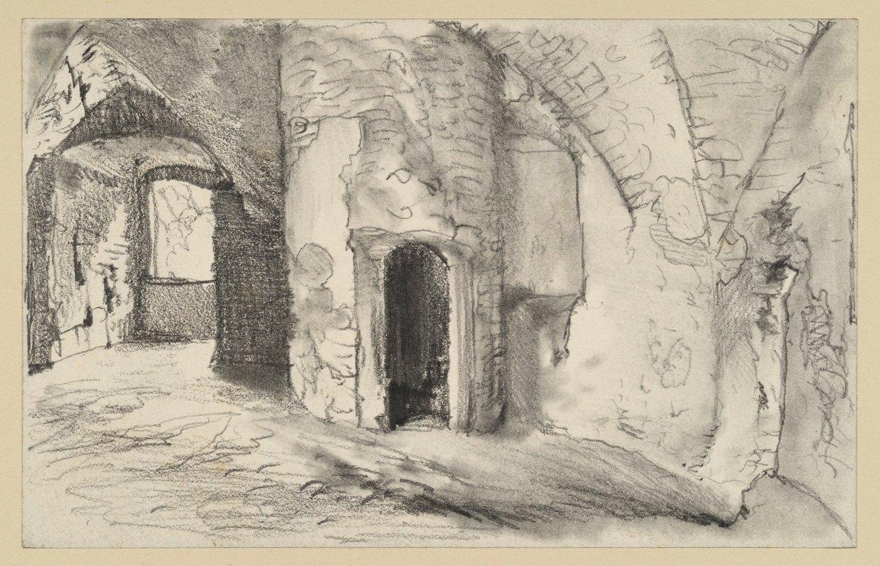 Gewelfde ruimte met toegang tot de ronde toren door Adolph Menzel