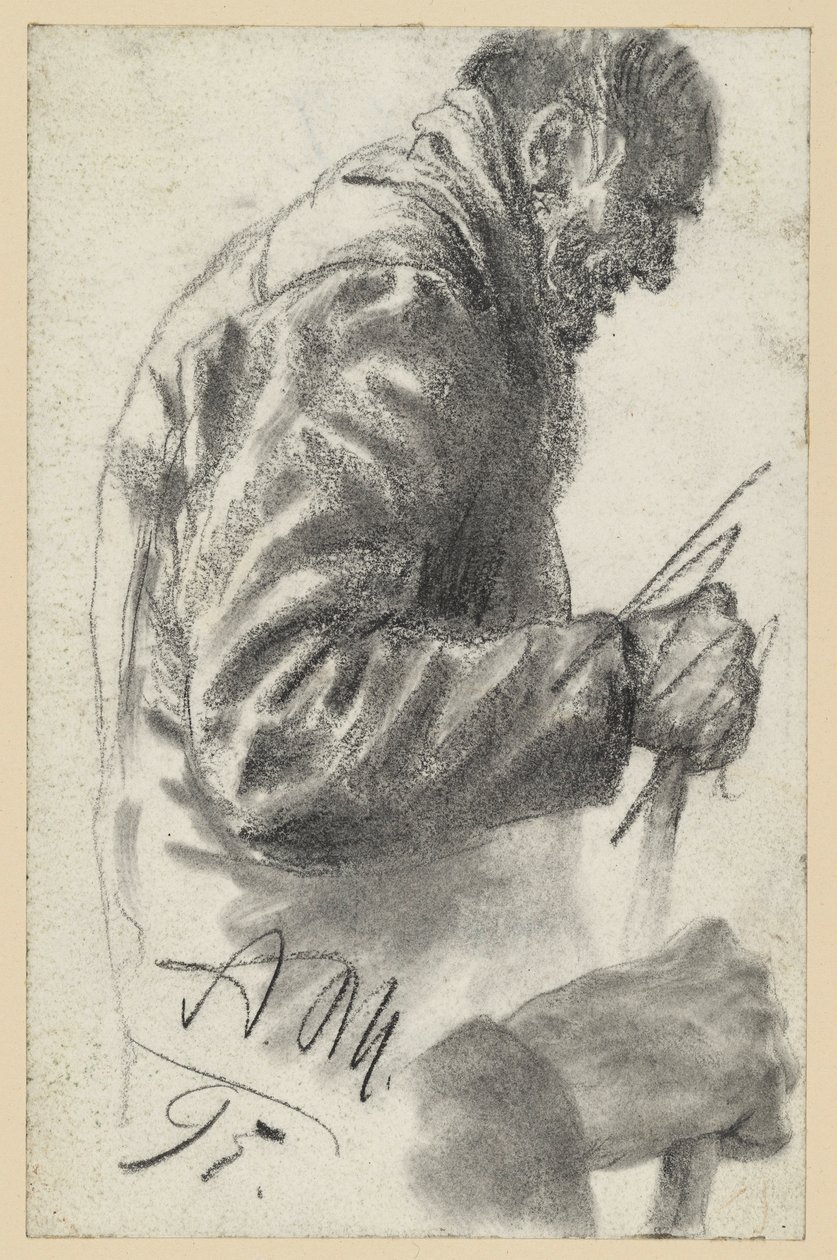 Halffiguur van een oude man met een stok, waarvan de rechterhand verworpen en eronder herhaald is door Adolph Menzel