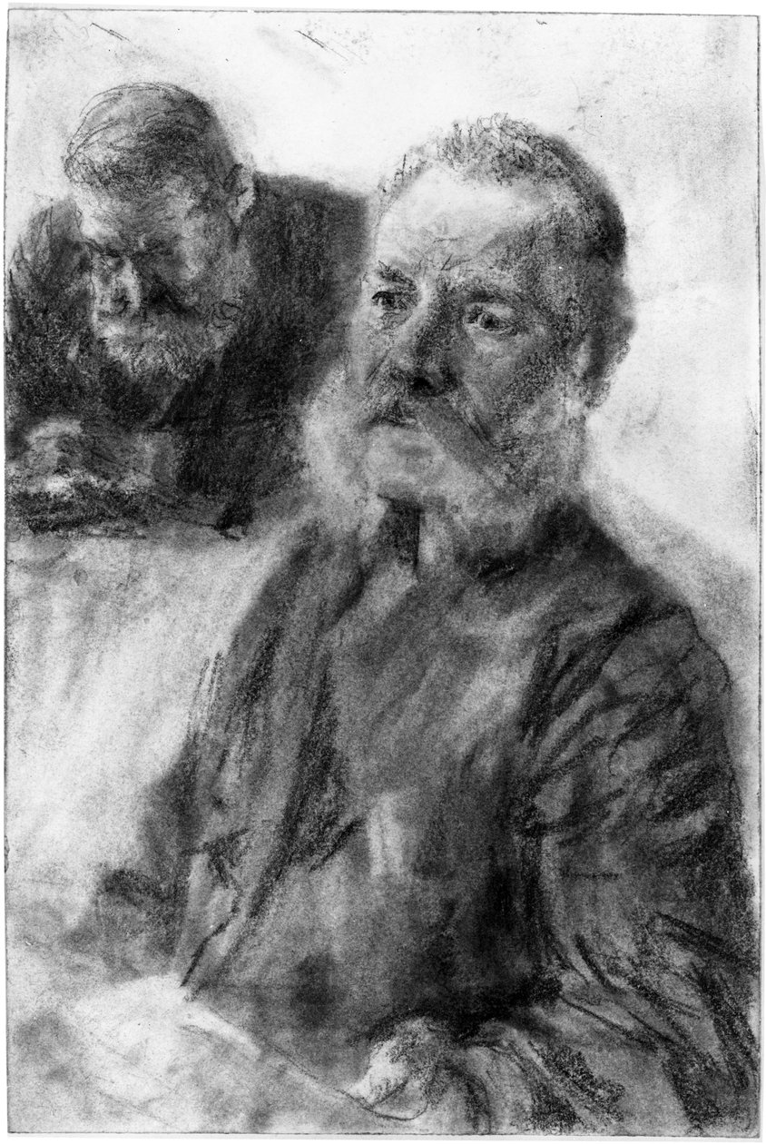 Halffiguur van een bebaarde man, op de achtergrond nog een borstbeeldportret van een bebaarde man met neergeslagen blik door Adolph Menzel