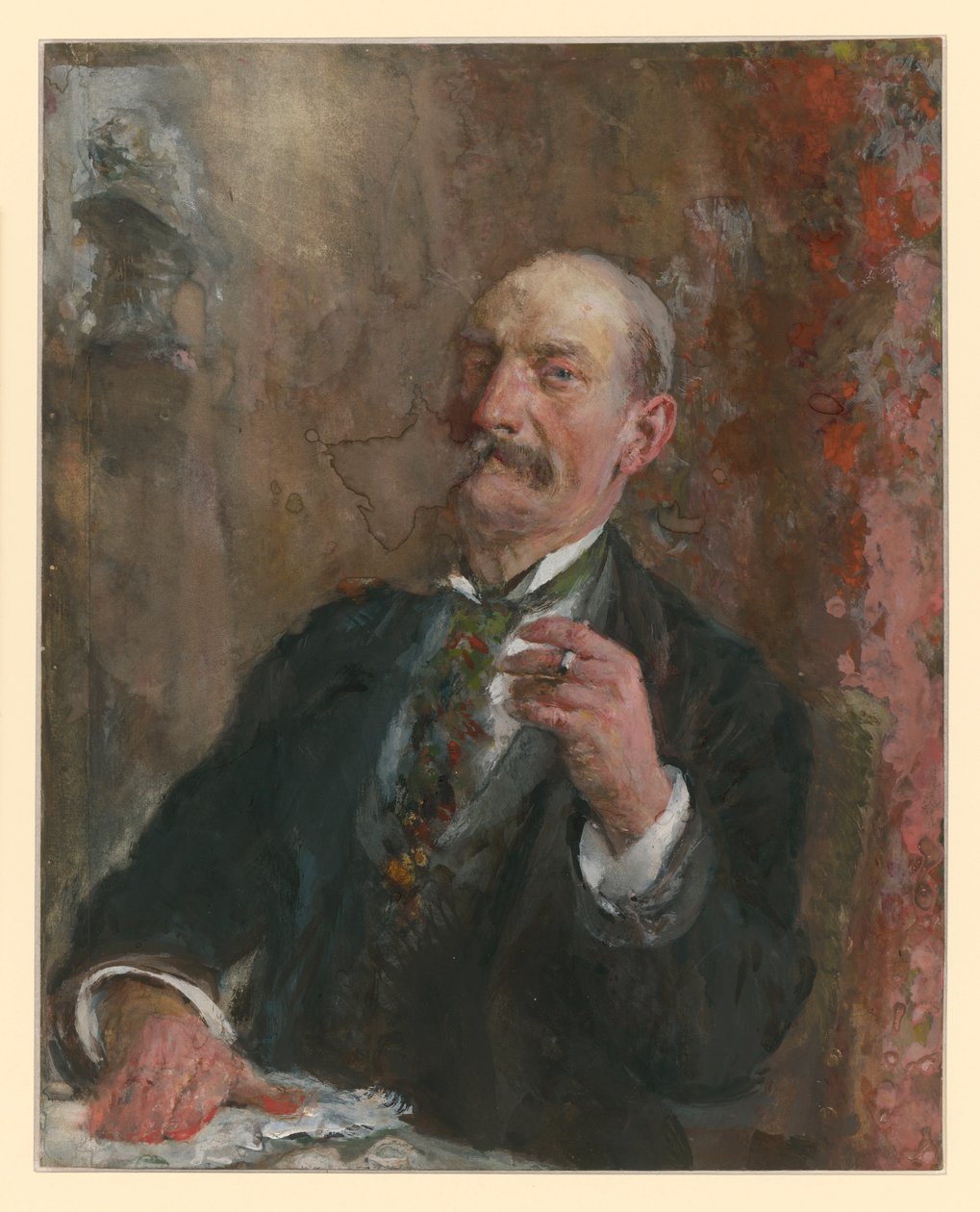 Halffiguur van een zittende man, met zijn rechterhand voor zich op het tafelblad gelegd en een sigaret in zijn linkerhand door Adolph Menzel