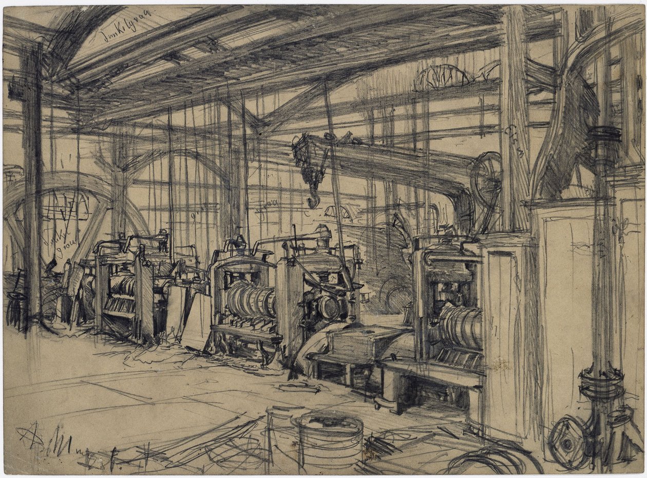 Halle in de walserij van Königshütte. Studie over „De ijzerwalserij. Moderne cyclopen” door Adolph Menzel