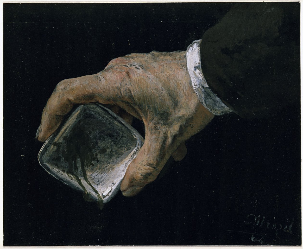 De hand van de kunstenaar met verfbakje door Adolph Menzel