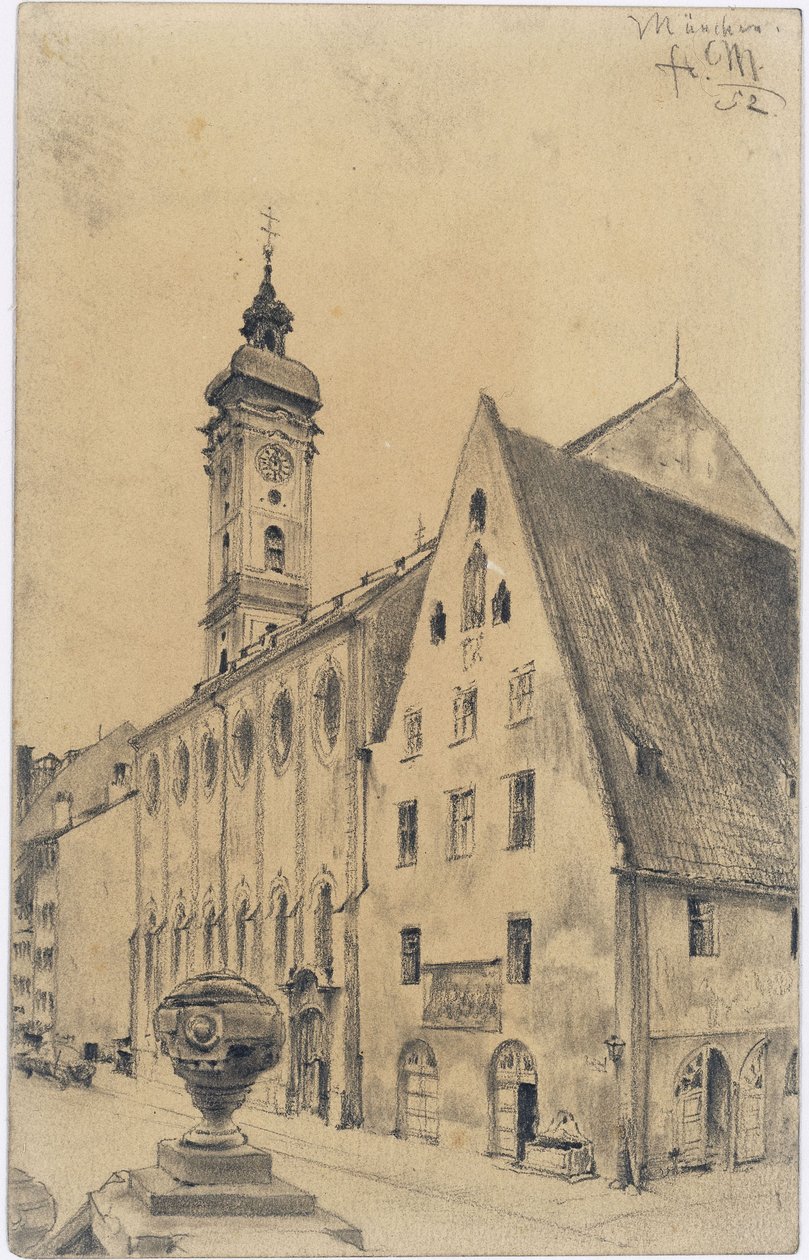 De Heiliggeistkirche met het voormalige vrouwengebouw van het ziekenhuis in de Kaufinger Straße in München door Adolph Menzel