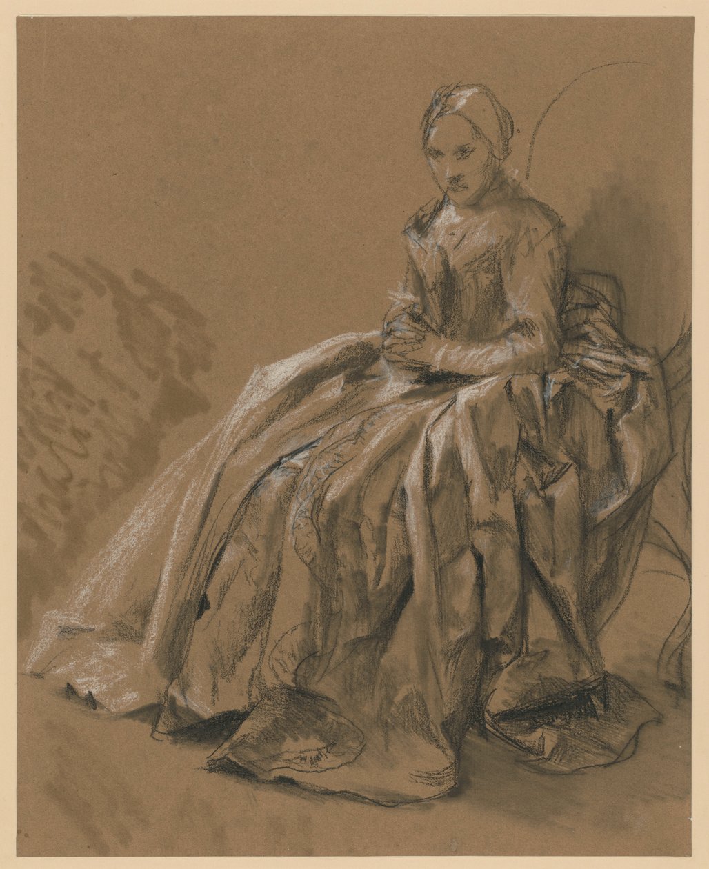 Hofdame zittend naar links gericht. Studiemodel voor het schilderij "Fluitconcert van Frederik de Grote in Sanssouci" door Adolph Menzel