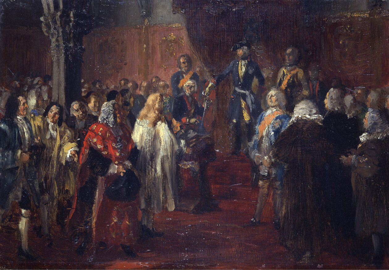Huldebetoon van de Silezische standen aan Frederik II in Breslau in 1741. Schets door Adolph Menzel