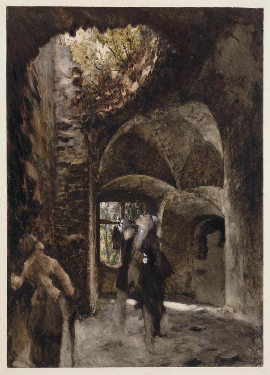 In de ruïne staan een man en een vrouw op een traptrede en kijken omhoog naar een groot gat in het gewelf door Adolph Menzel